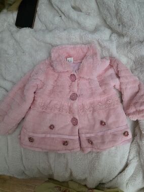 Kids Pink Faux Fur Coat with Floral Trim